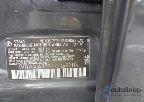 2007 BMW 328 z USA, uszkodzony, nr VIN WBAVA33547PG52116